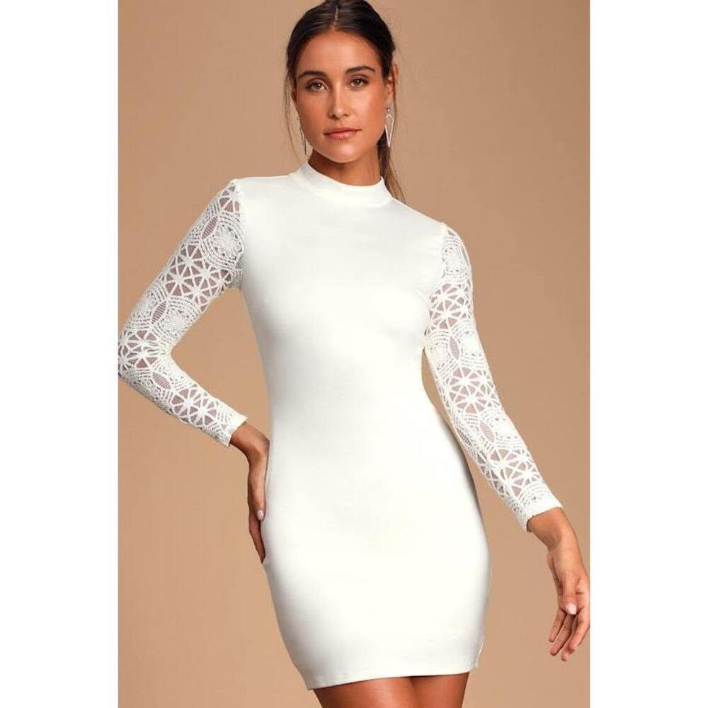 Lulus Lace Up Your Sleeve White Lace Long Sleeve Bodycon Dress - Size M